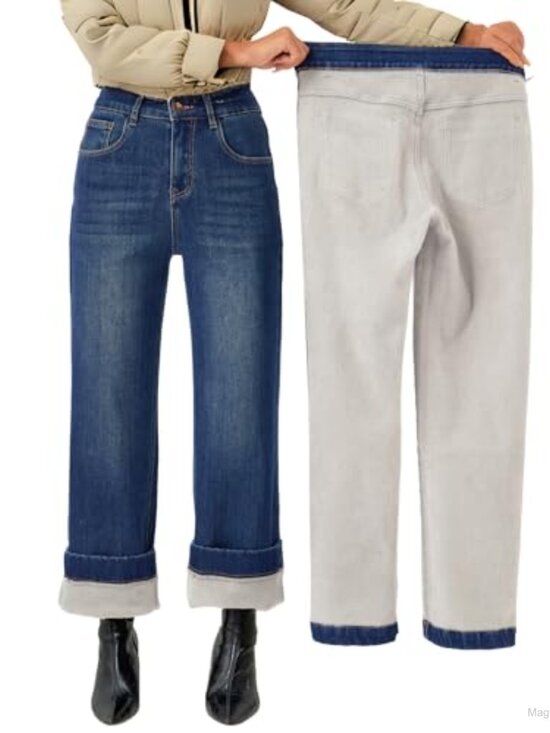 Denim - Fleece Lined Jeans Women's Wide Leg Baggy Denim Pants Thermal Winter Jeans